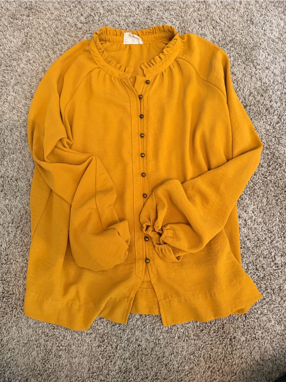 Mustard Button-Up Ruffle Neck Blouse